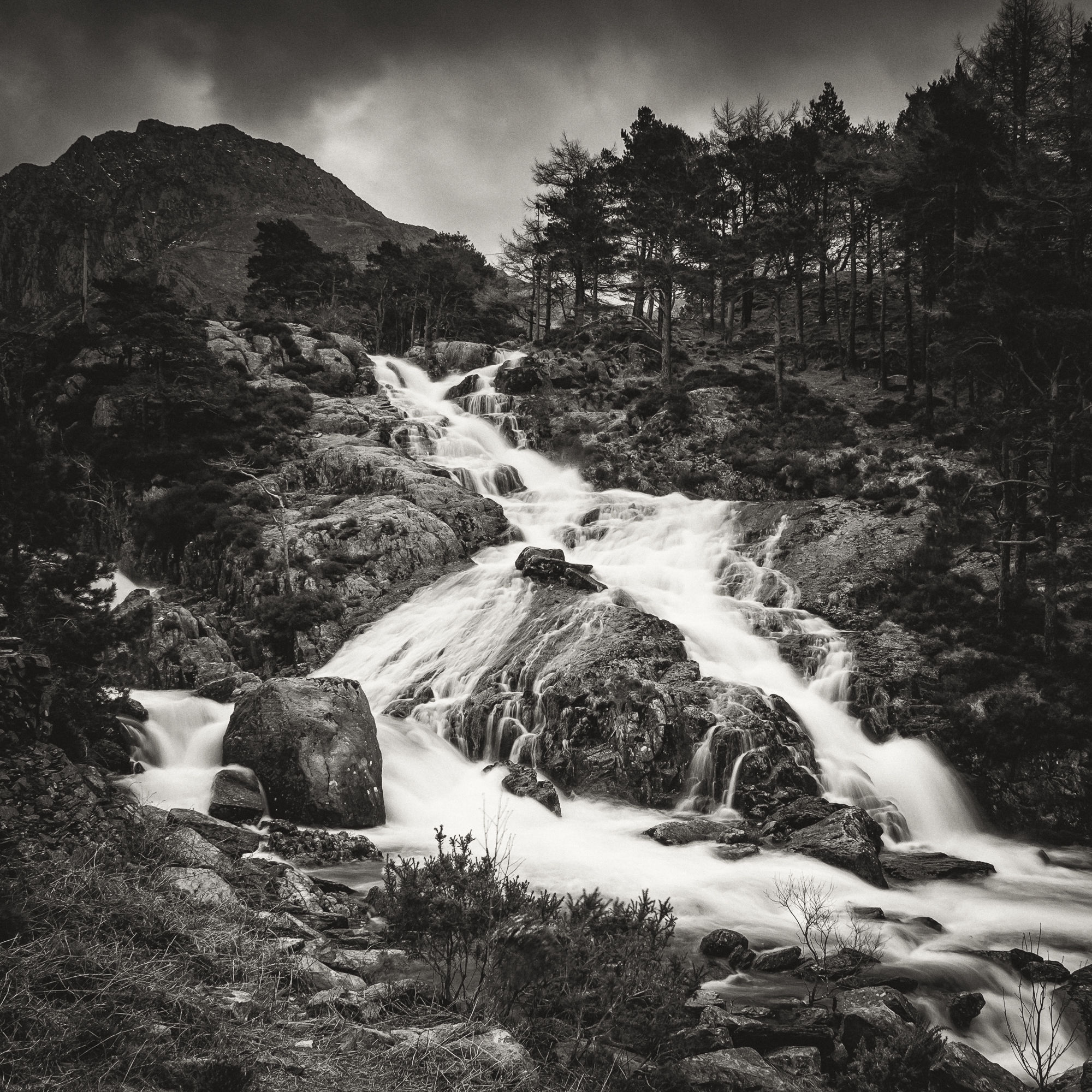 Ogwen Falls, Snowdonia black and white photograph